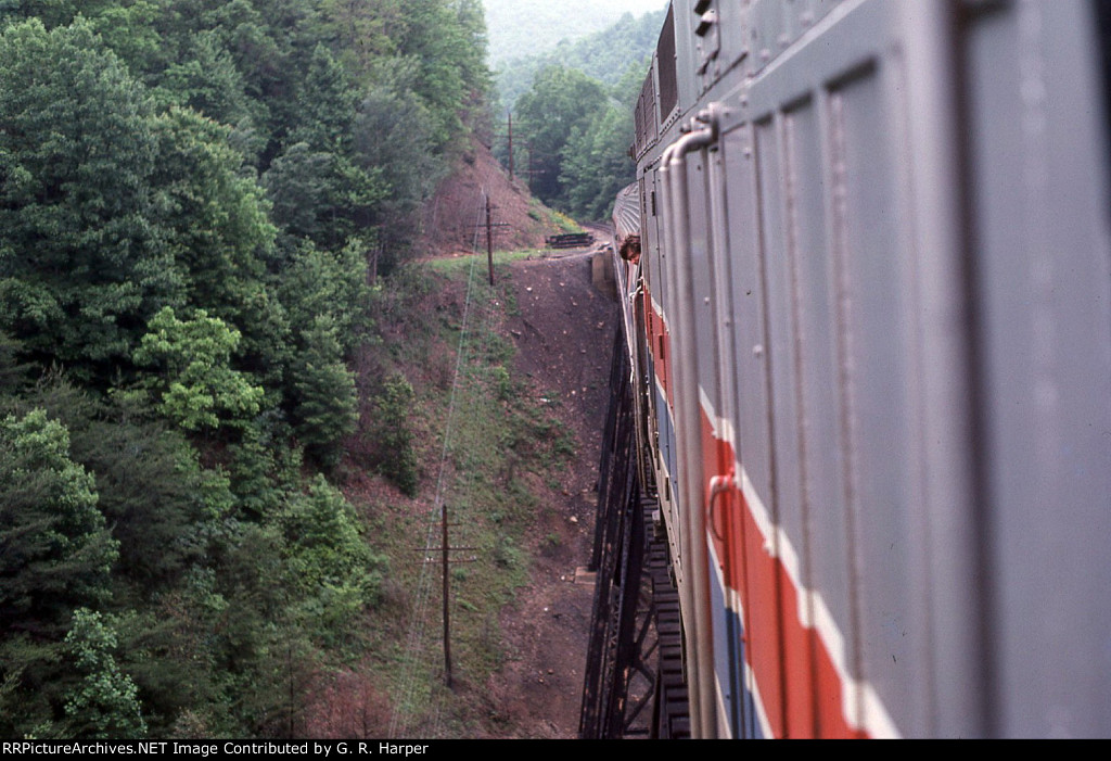 Peeking out of the train on the Trace Fork trestle